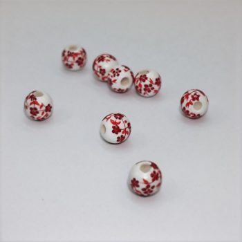 Porcelán gyöngy virágokkal - 6 mm - piros