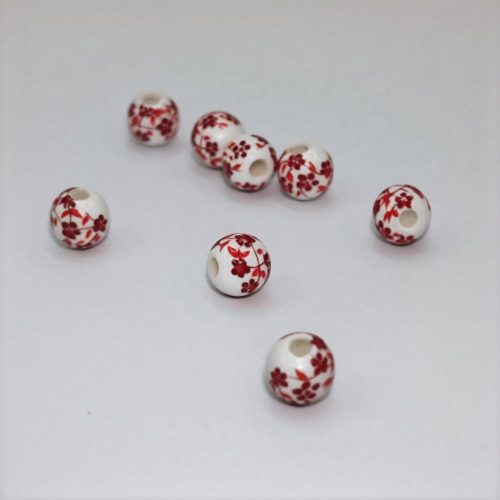 Porcelán gyöngy virágokkal - 6 mm - piros